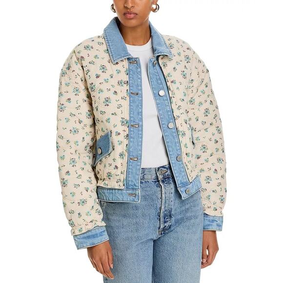 BlankNYC Women Ivory Floral Cotton Denim Quilted Oversize Bomber Jacket Size XS - Picture 2 of 7
